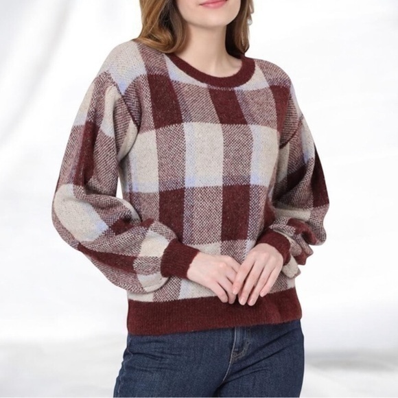 VERO MODA Buffalo Check Balloon Sleeve Sweater M 21” p2p Port Royal/Birch NWT - Picture 1 of 12